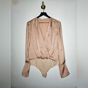 Favorite Daughter The Date Blouse in Mauve Faux Wrap Long Sleeve Satin Bodysuit‎